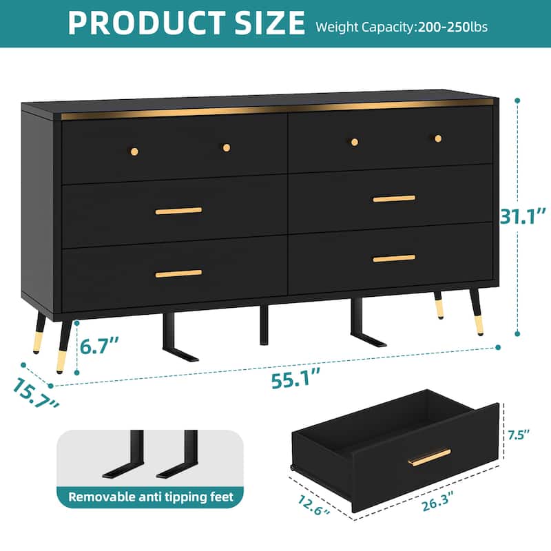 55" Wide Modern Wood 6 Drawers Dresser Chest of Drawers