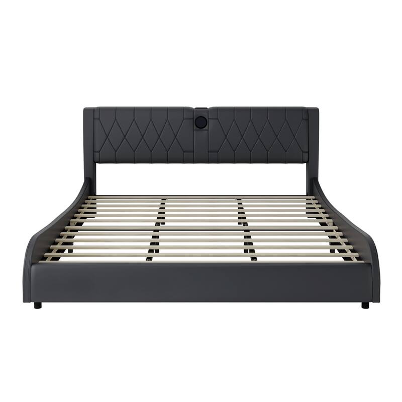 King Size Luxurious Faux Leather Upholstered Platform Bed w/LED Light