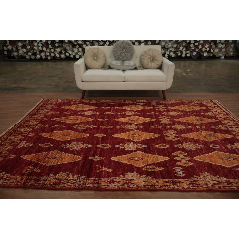 Hand Knotted Oriental 100% Wool Carpet Modern Tribal Red Moroccan Area Rug - 9' 11'' X 6' 10''