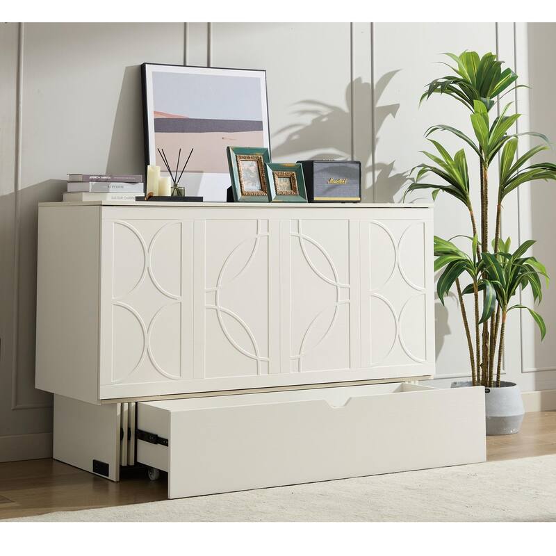 Queen Size Murphy Bed Cabinet with Storage Drawer, Folding Foam Mattress, USB & AC Charging Ports, and Smooth Glide Mechanism