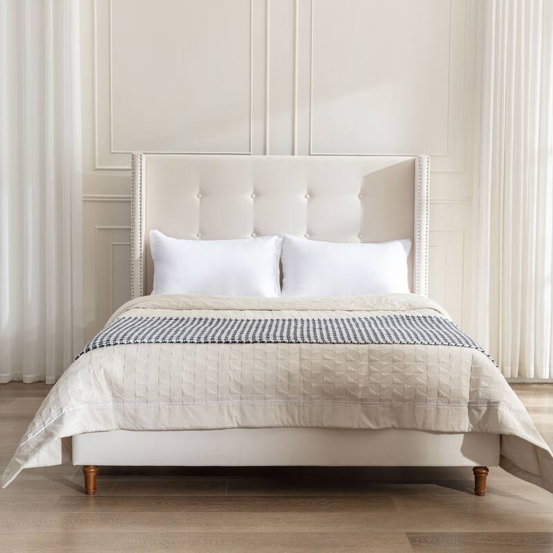 Peyton Upholstered King Bed,54" High Headboard ,Hand Buttoned Tufting,Nailhead Trim Wingback,No Box Spring Needed,Velvet - Ivory