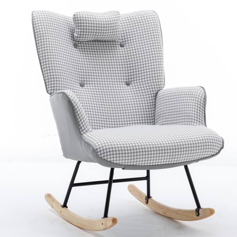 Soft Houndstooth Fabric Leather Fabric Rocking Chair, Glider Rocker with Safe Wood Base for Living Room(light grey)