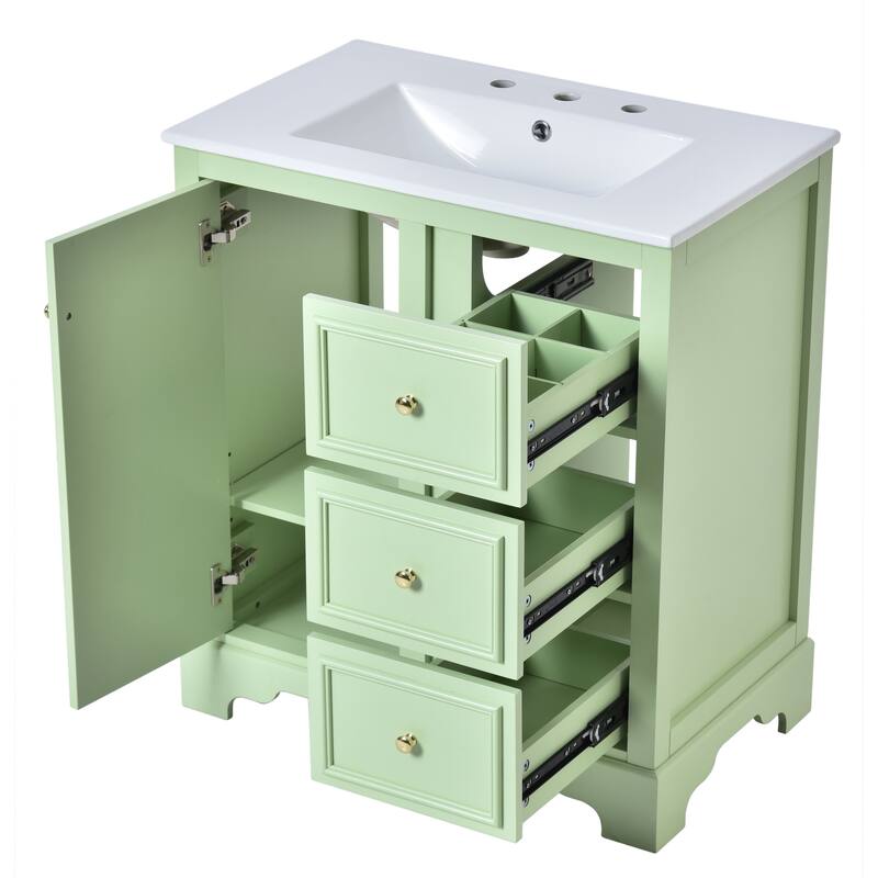 30-Inch White Bathroom Vanity with Ceramic Undermount Sink, Soft-Close Drawers & Adjustable Shelves - 18in L Solid Wood+MDF