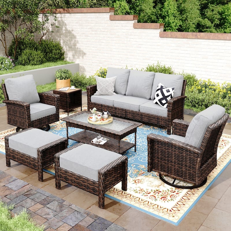 MAISON ARTS 7-Piece Extra-Large Patio Wicker Sofa Conversation Set with Table, Oversize Seat with 5.5'' Thick Padded Cushion - 5Seats +2Ottoman + 47''Table + 17''Table - Grey