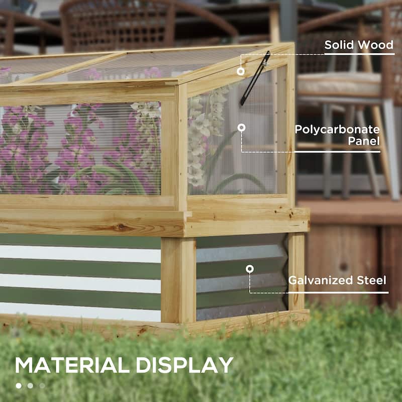 Outsunny Raised Garden Bed with Polycarbonate Greenhouse, Lean-to Garden Wooden Cold Frame Greenhouse