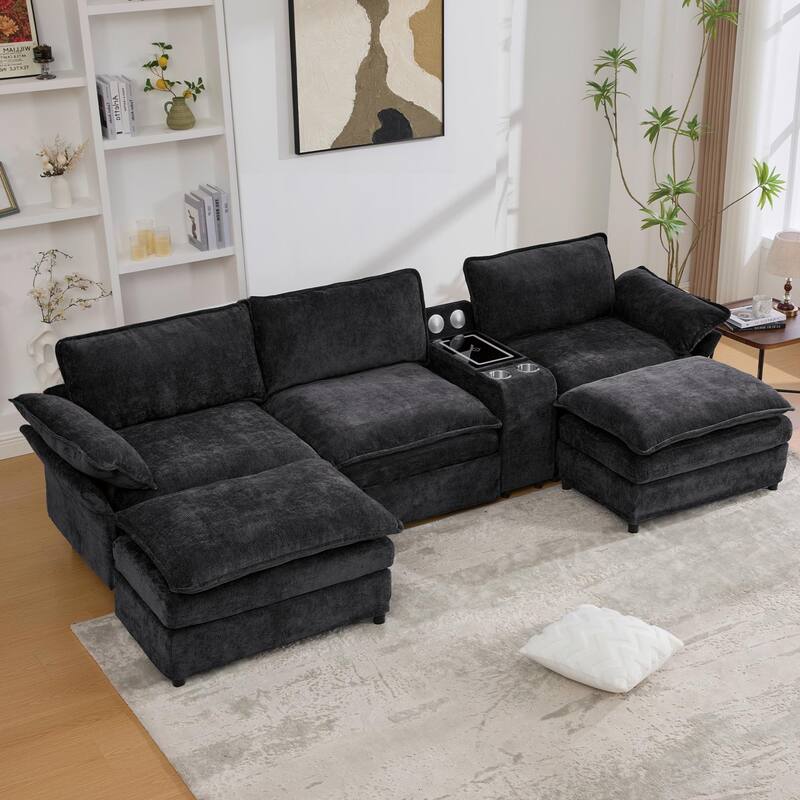 U Shaped Modular Sectional Sofa, Lounge Sofa with Storage Console & Wireless Charging, Sleeper Sofa with Movable Seat