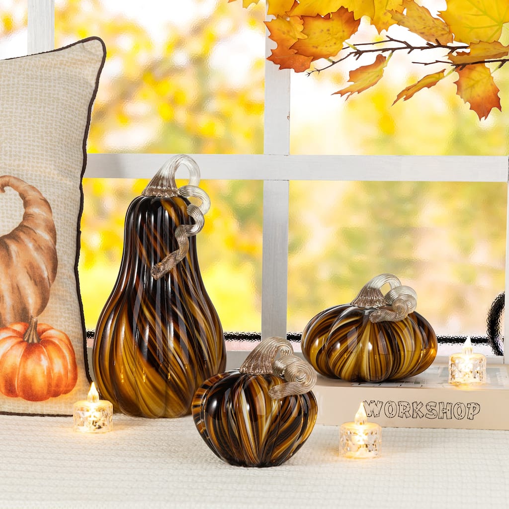 Glitzhome Multi Brown Striped Glass Pumpkin Gourd for Fall Thanksgiving