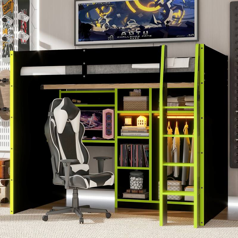 All-in-one Full Size Wood Loft Bed for Gaming & Workspace with Desk, Open Wardrobe, Storage Compartments and RGB Light Strip
