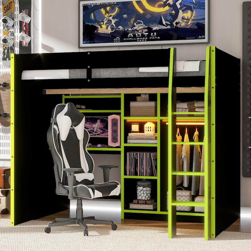 Full Size Wood Loft Bed with Desk,Open Wardrobe,Storage Compartments and RGB Lights