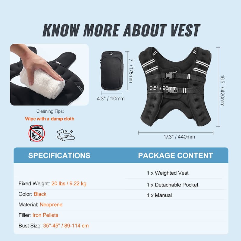 Black Neoprene Weighted Vest 30lbs with Pockets and Reflective Strips