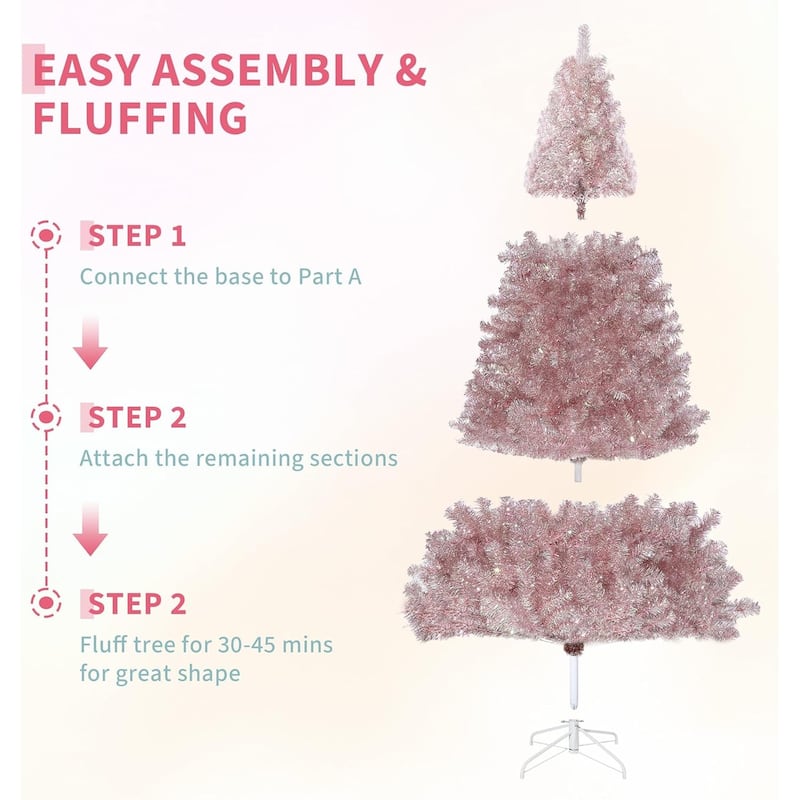 Prelit 4.5Ft Rose Gold Tinsel Fake Christmas Tree with 150 Warm White LED Lights, Metal Stand