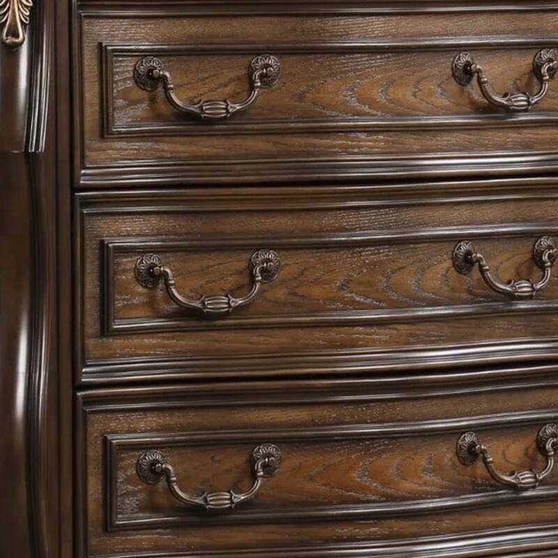Leova Tall Dresser Chest, 6 Drawers w Ornate Molding, Brown Asian Hardwood