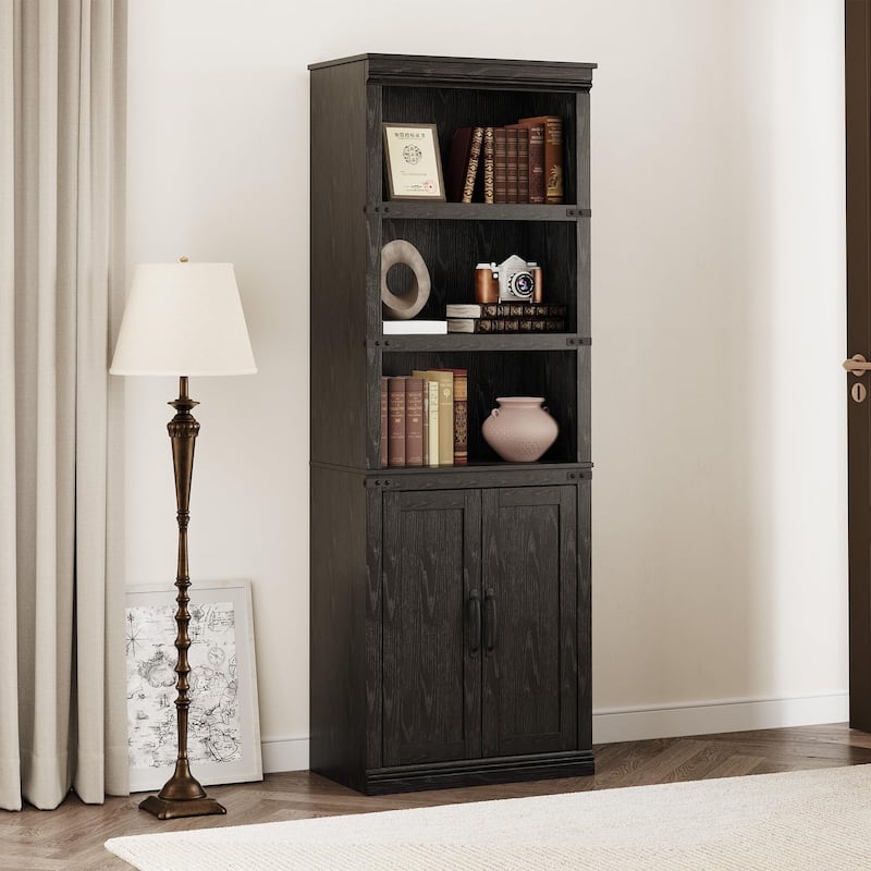 Book Shelf with Door, 5 Tier Wooden Book Case with Storage, 68.7" - Black - 24.41inch