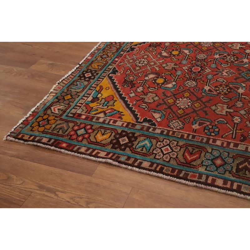 Hand Knotted Oriental 100% Wool Carpet Traditional Geometric Oranges & Rust Hamedan Runner Rug - 10' 4'' X 3' 7''