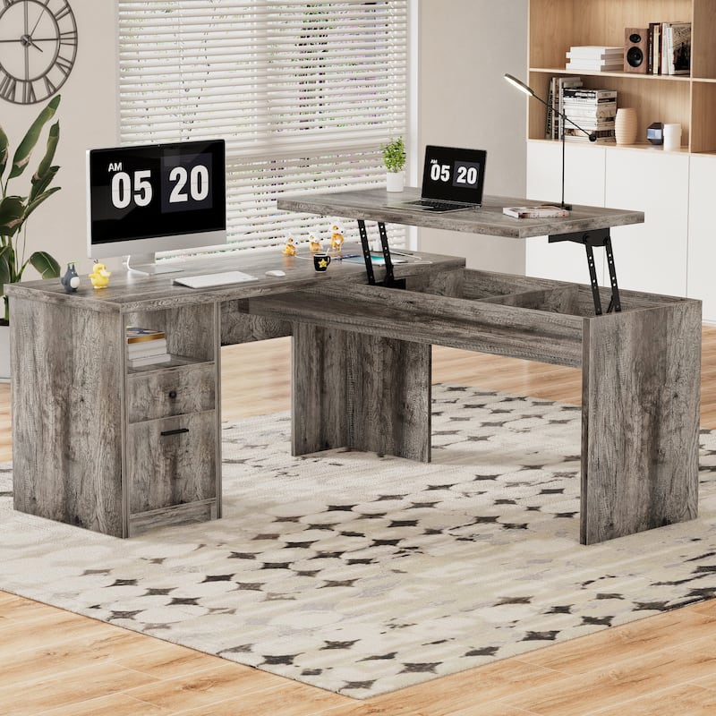 Modern Farmhouse Lift Top L-Shaped Desk with Charge Station, Corner Desk with File Drawers for Home Office