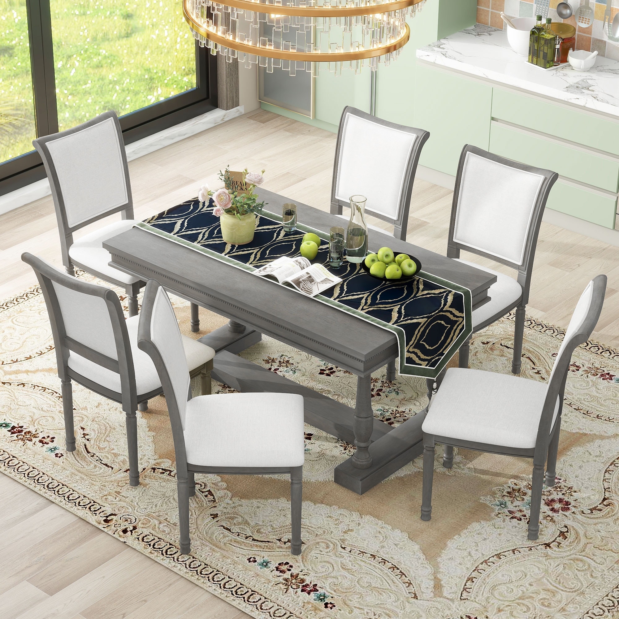 Elegant 7-Piece Modern Dining Table Set, American Retro Dining