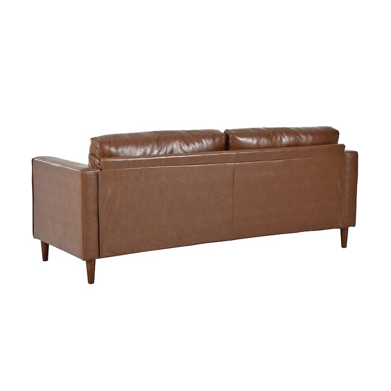 Mid-Century Modern PU Leather 3-Seat Sofa, Tufted Design, Solid Wood Legs, 2 Bolster Pillows, Comfortable sofa