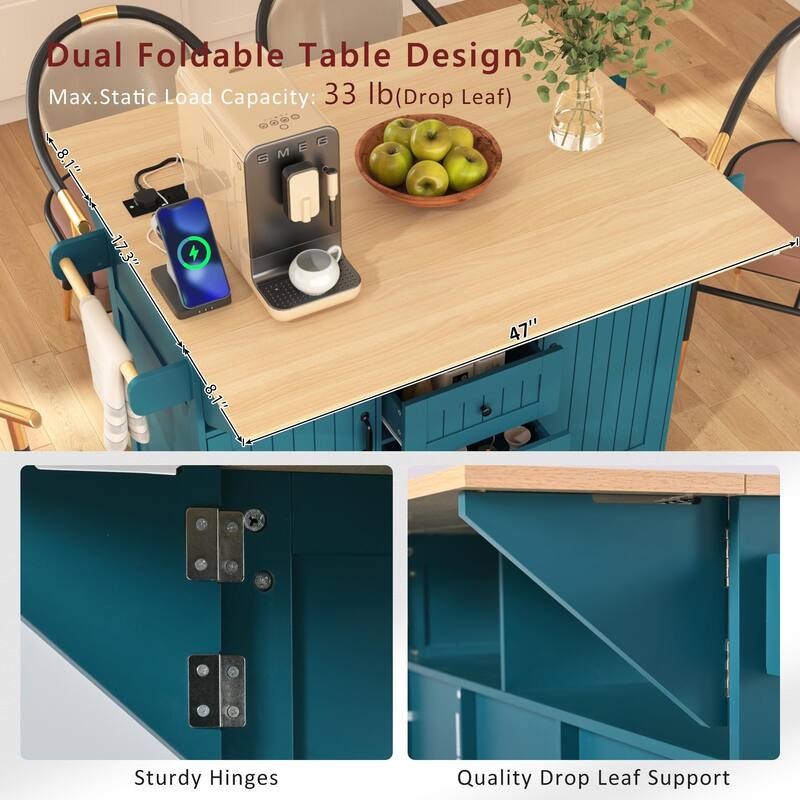 Rolling Kitchen Island with 2 Folding Drop Leaf, Wooden Cupboard Spice Storage Cabinet Pantry with Towel Rack and 3 Drawers
