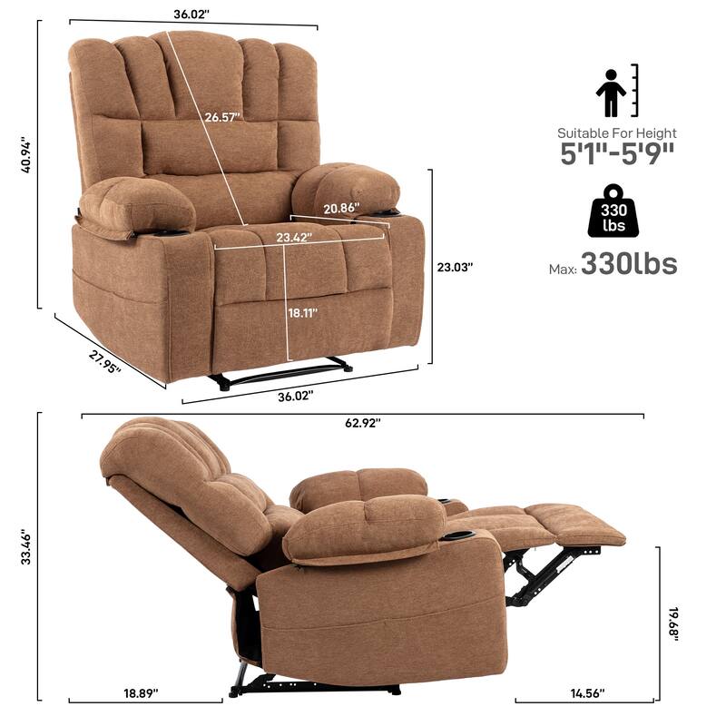 Massage Recliner Chair, Breathable Fabric Ergonomic Single Sofa Chair with Heat and Vibration and Cup Holders & Side Pockets