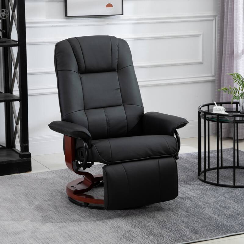 Faux Leather Manual Recliner, Adjustable Swivel Lounge Chair with Footrest, Armrest and Wrapped Wood Base, Black