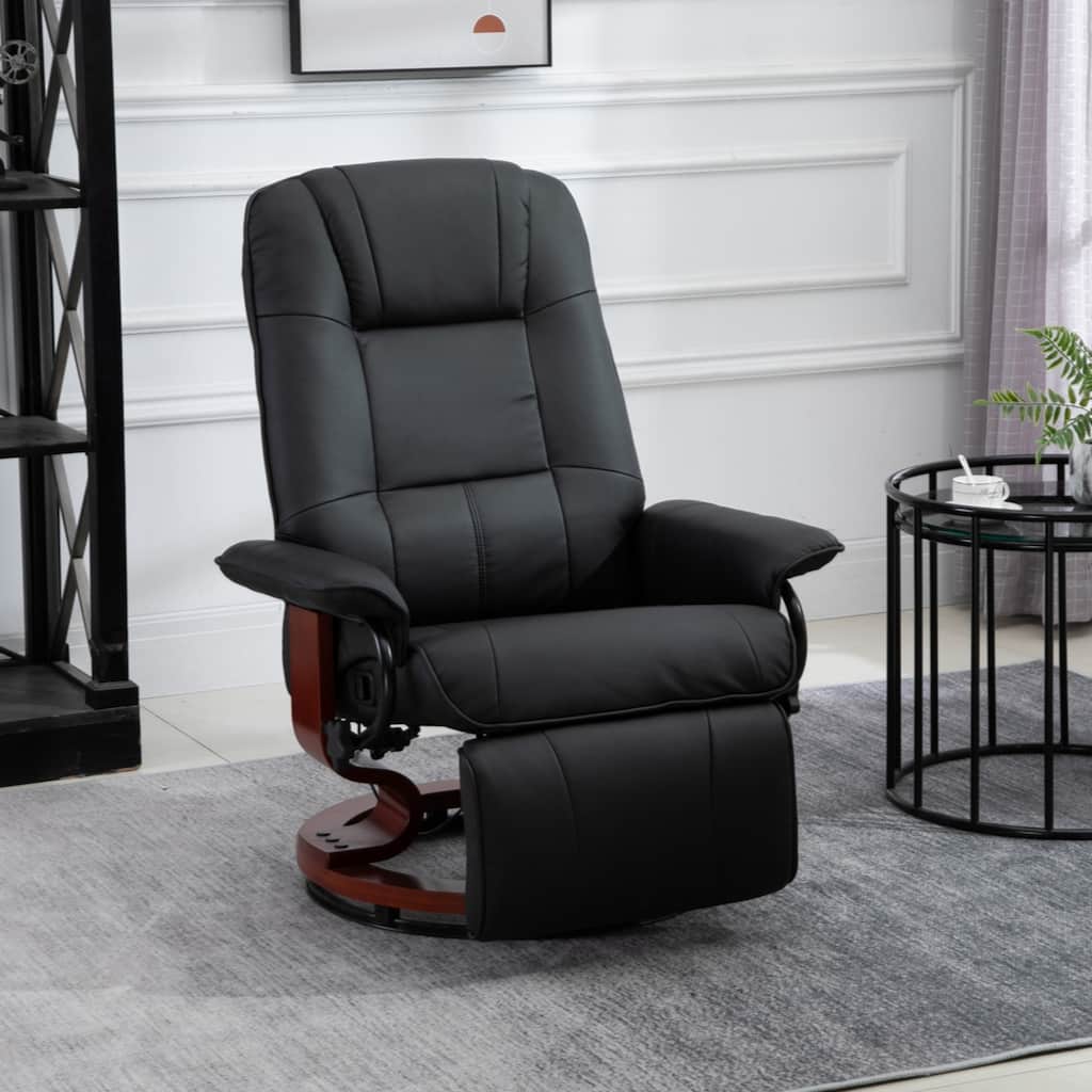 Faux Leather Manual Recliner, Adjustable Swivel Lounge Chair with Footrest, Armrest and Wrapped Wood Base, Black