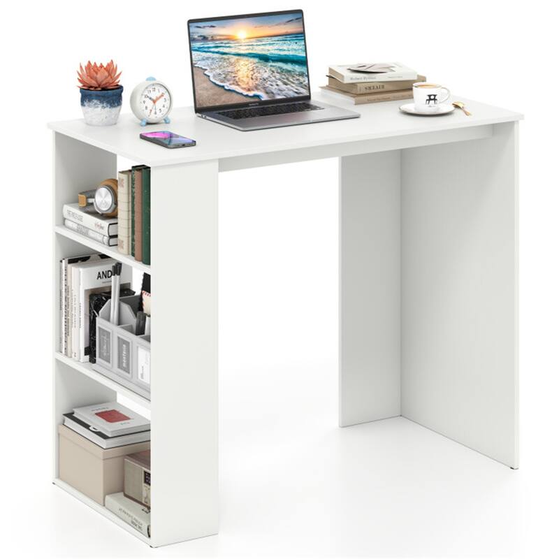 White Engineered Wood Computer Desk with Side Bookshelf Modern Minimalist
