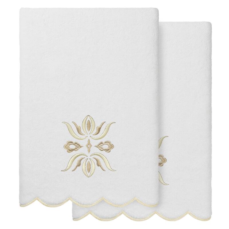 Authentic Hotel and Spa 100% Turkish Cotton FLOWER CREST Scallop Towel Collection - White/Beige - 2 Bath Towels