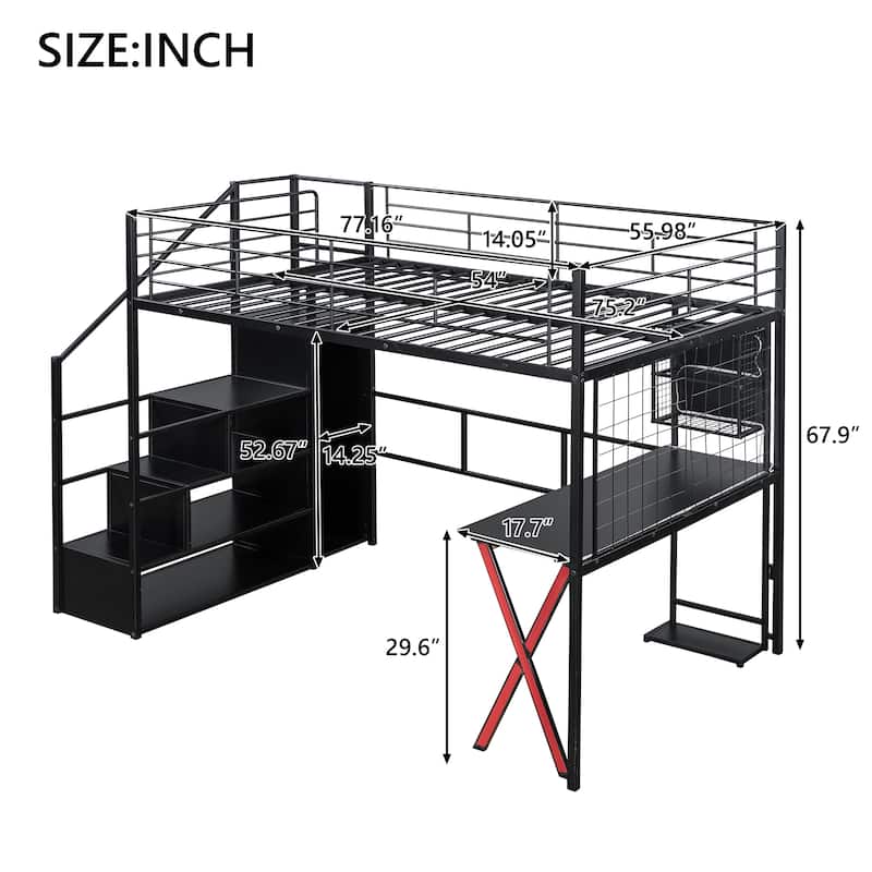 Full Size Metal Loft Bed With Built-In Work Station, Wardrobe, Storage Staircase And LED