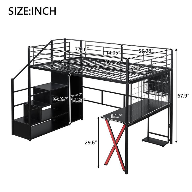 Metal High Loft Bed Frame with Guardrail, Full Size LED Loftbed with Built-in Work Station, Storage Staircase and Wardrobe