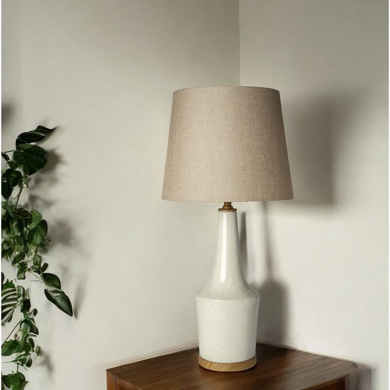 Brown Linen Cone Shade Cream Ceramic Lamp Base 3-Way Switch Large Size - 14” x 14” x 28.5” (D x W x H)