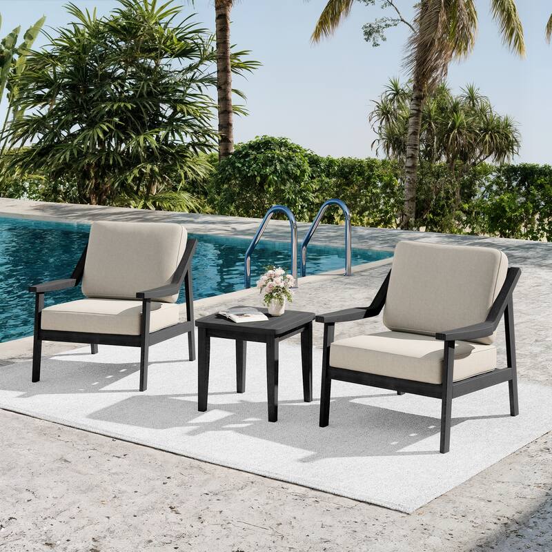 3-piece Teak Modern Cushioned Club Chairs Set Patio Bistro Set - BlackFrame-Light Camel