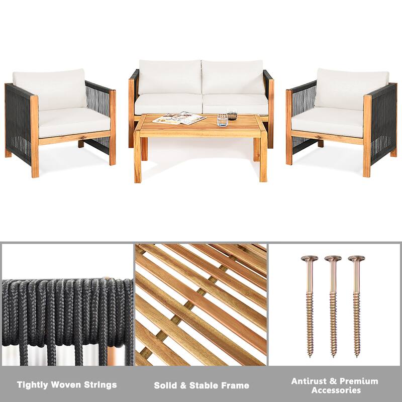 Costway 4PCS Wooden Patio Furniture Set Cushioned Sofa W/Rope Armrest - 4-Piece Sets