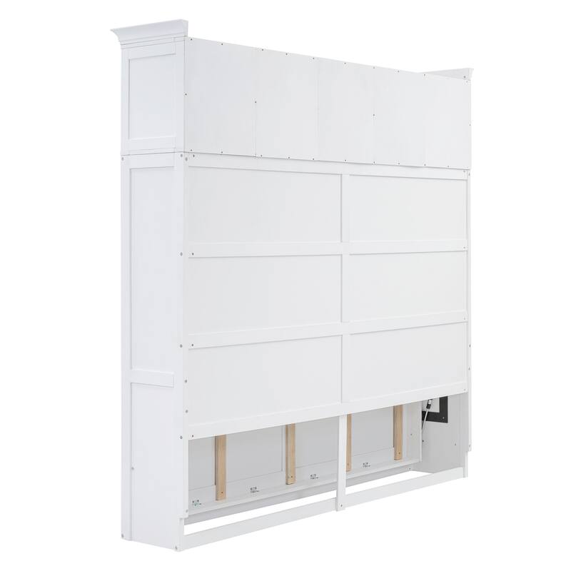 Modern Solid Wood Murphy Bed Chest w/ Top Cabinets, Storage Wall Platform Bed, Wood Slat Support, No Box Spring Needed, Folding