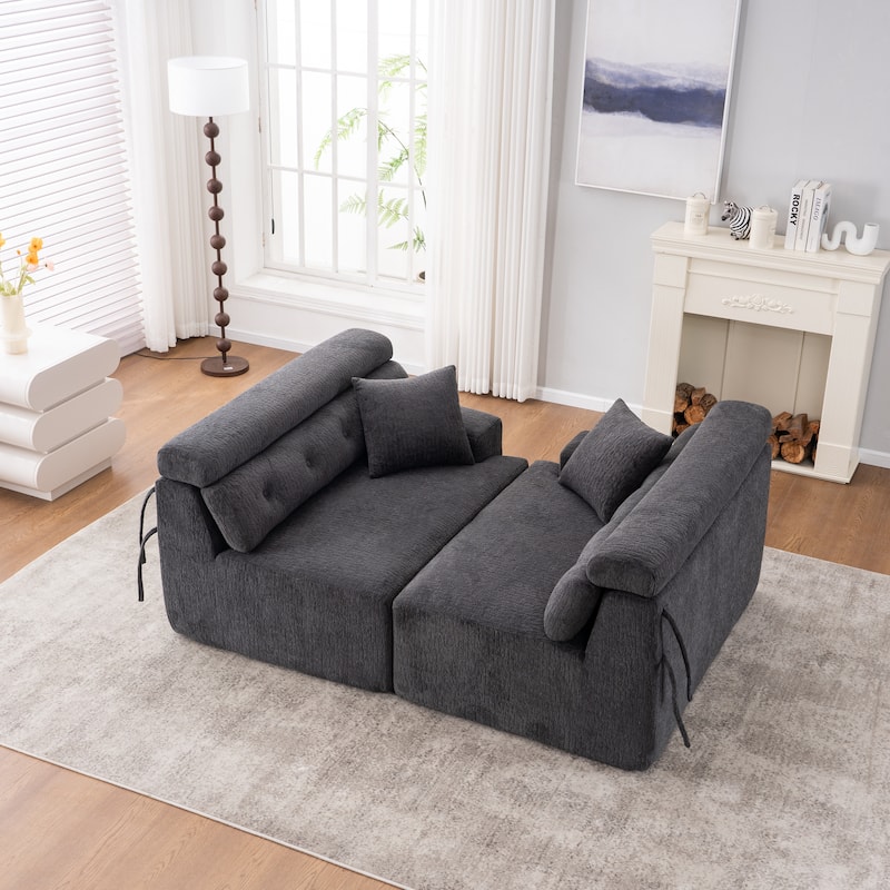 Chenille Fabric 4 Seater Sectional Sofa, Full Sponge Compression Sofa, Upholstered Sofa with Armrests & 2 Pillows