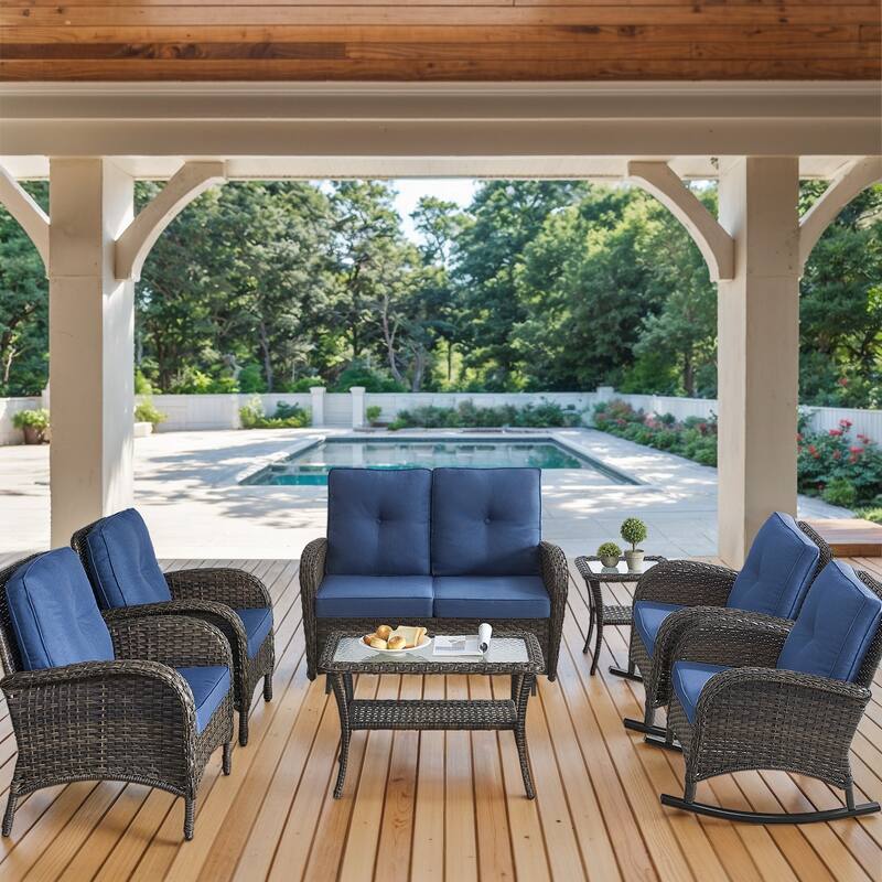 Outdoor Rattan Glider Sofa,Patio Chair, Rocking Chair with Table - Blue - Brown