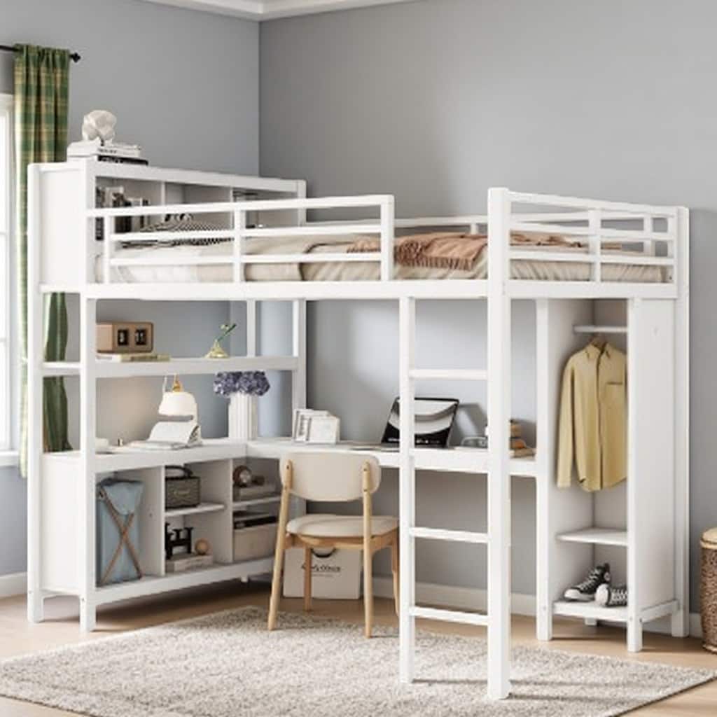 Teen & Adult Metal Loft Bed with L-Shaped Work Desk, Closet & Shelf Storage