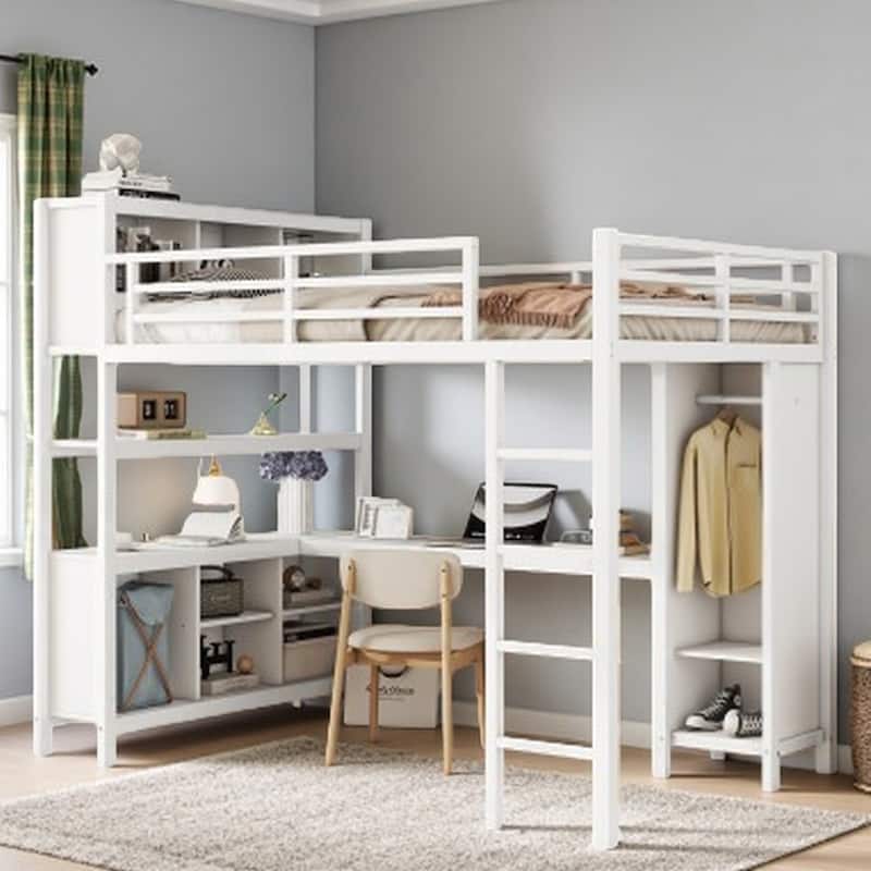 Teen & Adult Metal Loft Bed with L-Shaped Work Desk, Closet & Shelf Storage - Off White - Full