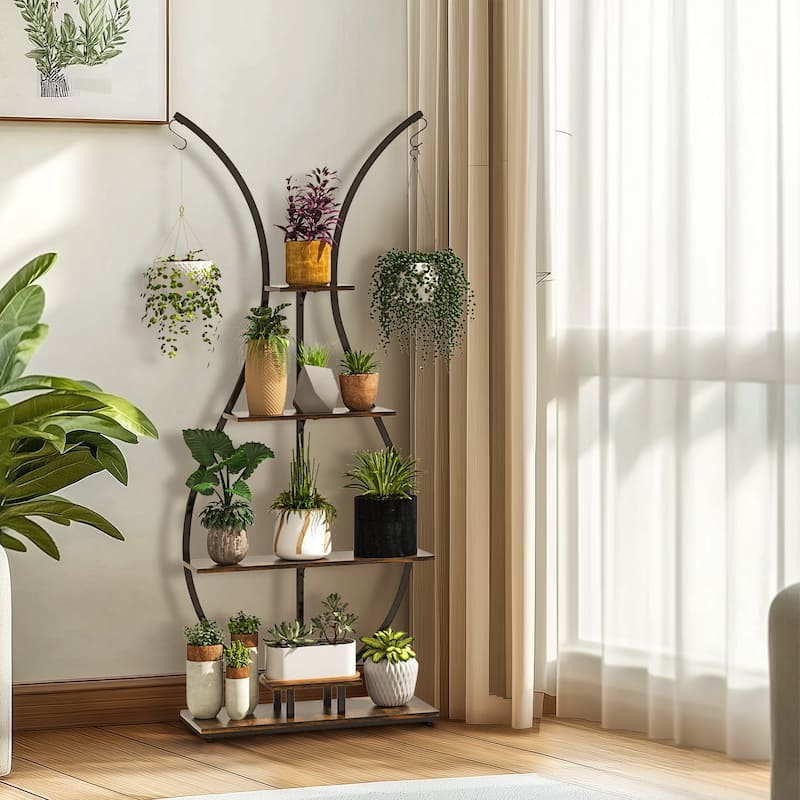 5 Tier Tall Plant Stand Vase-Shape Metal Plant Shelf with Hanging Hook - 30"L x 12" W x 72" H