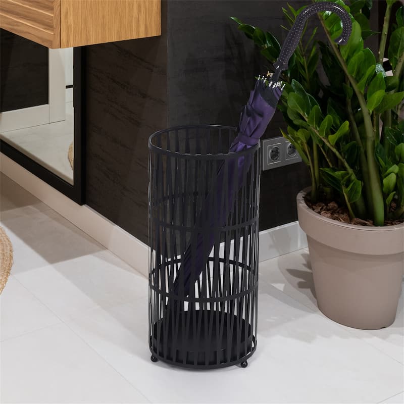 ADECO Stand Gold / Black Round RackMetal Umbrella Cane Walk Stick Drip Tray - 9. 2"x9. 2"x19"