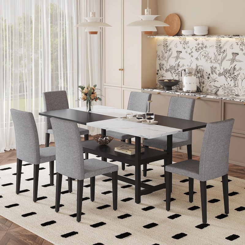 71" Two-Tone Rectangular Dining Table Set with Lower Storage Shelf, Modern Kitchen Dining Table & Chairs Set for Family - Light Gray White Black-Linen Chairs Seats 6