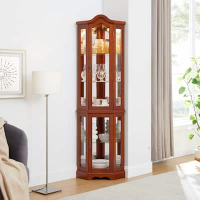 Elegant Walnut Corner Curio Cabinet with Lights, Tempered Glass Shelves, and Mirrored Back for Collectibles
