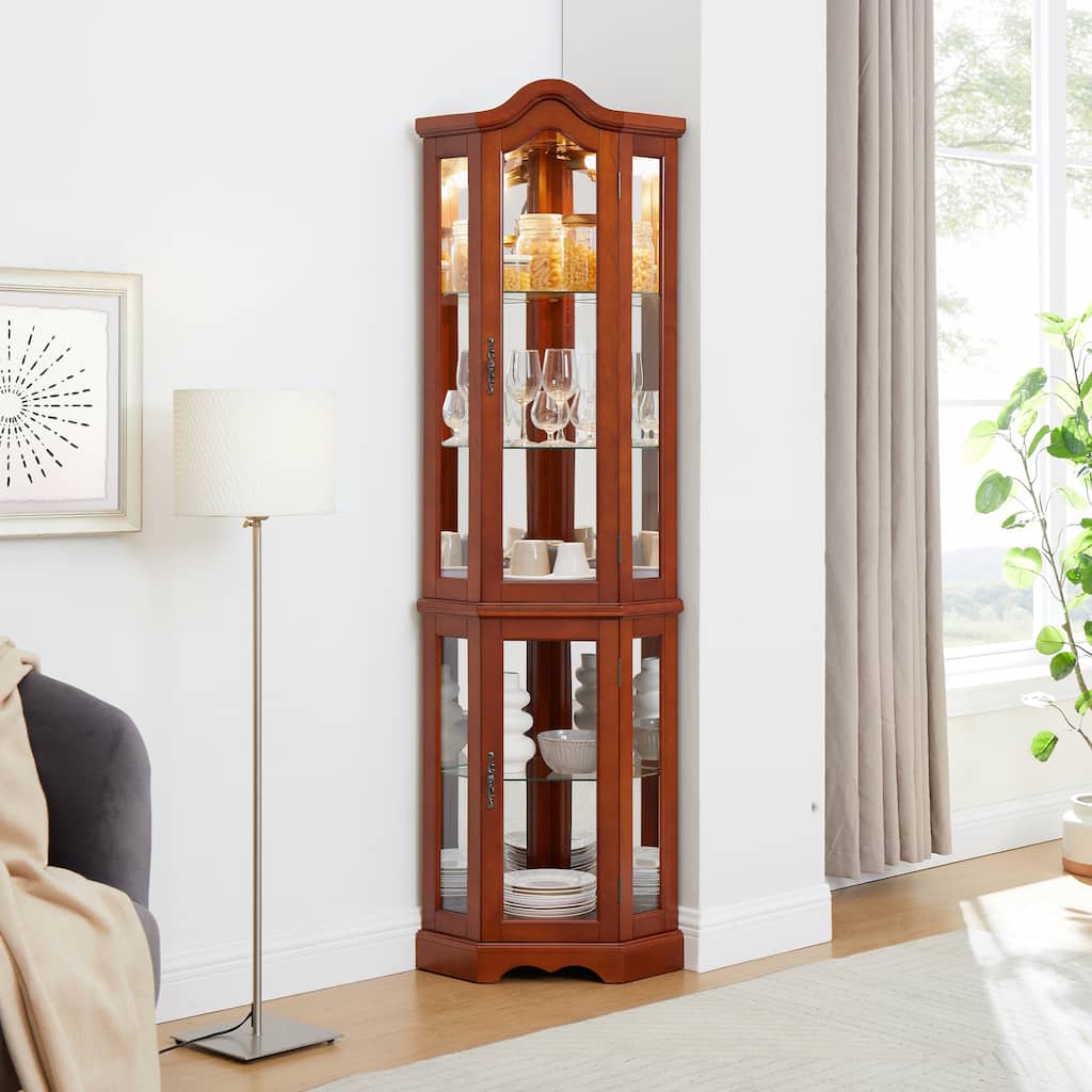 Elegant Walnut Corner Curio Cabinet with Lights, Tempered Glass Shelves, and Mirrored Back for Collectibles
