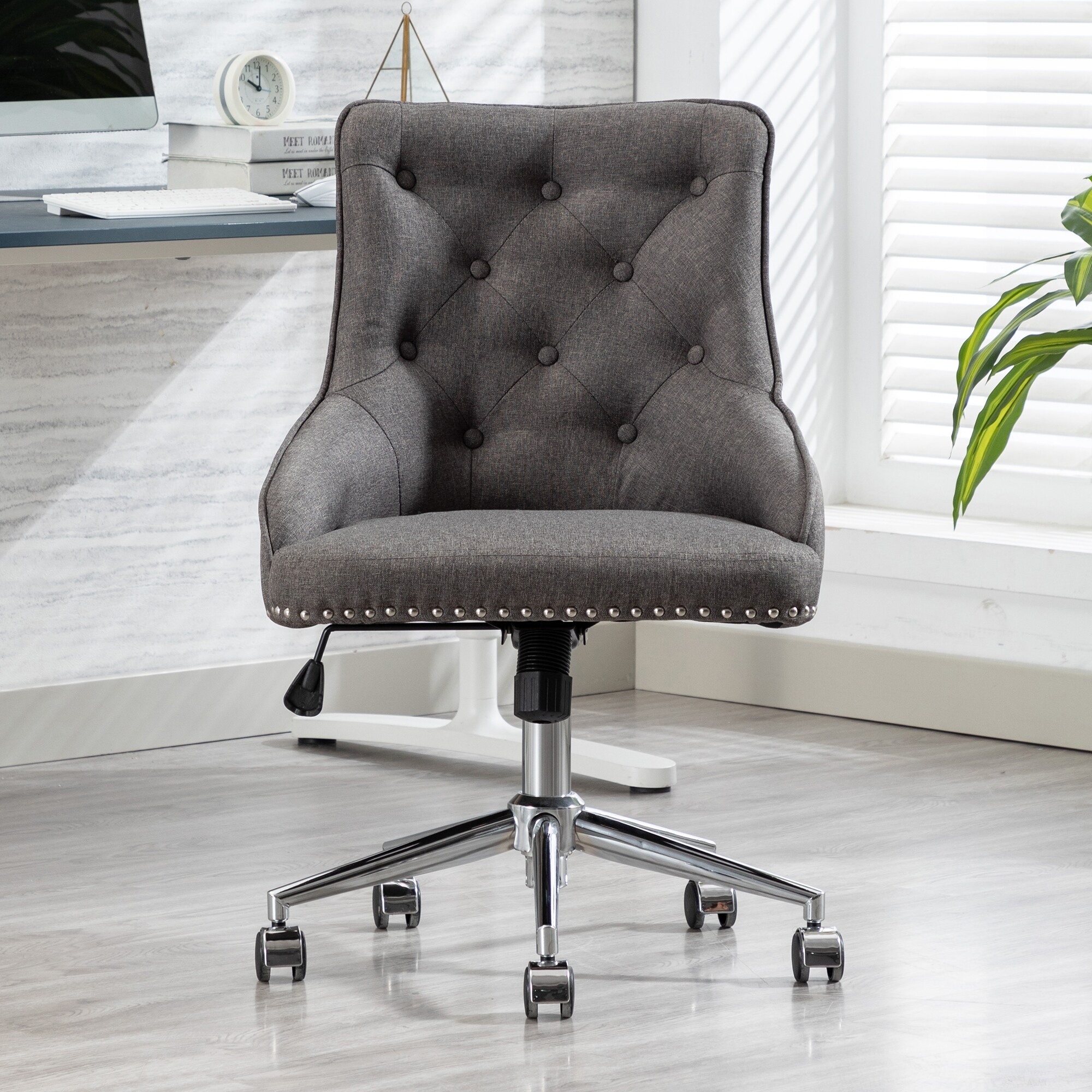 Grey Velvet Swivel Adjustable Petal Chair Computer Desk Armchair Home Office UK 