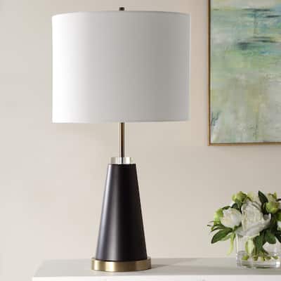 Strick & Bolton Black Metal Table Lamp with Brass Accents and Linen Shade - 14.5 x in x 14.5 x in 27.5