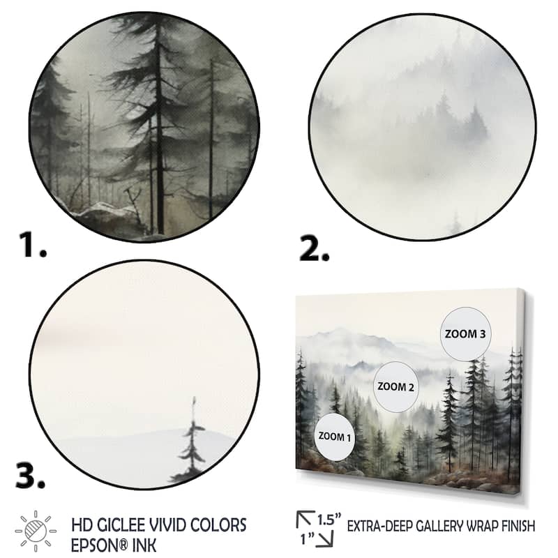 Designart "Pine Tree Misty Mountain II" Floral Framed Wall Art Living Room