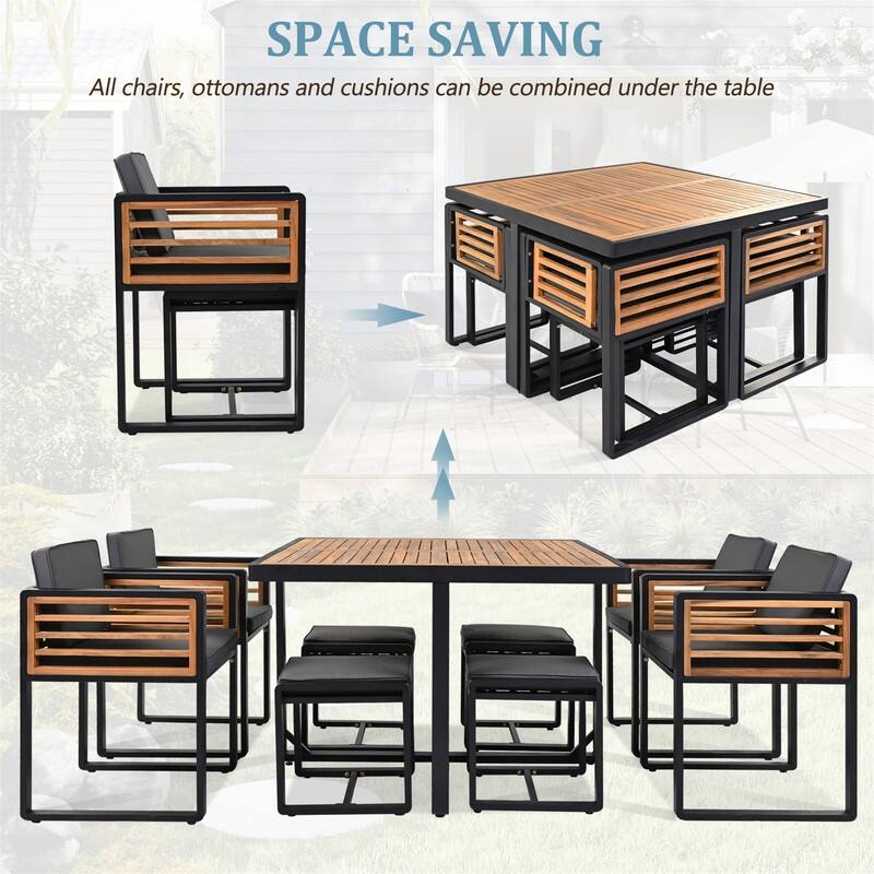9-Piece/18-Piece Acacia Wood Patio Dining Set, Outdoor Dining Table Set with Cushioned Chairs, Ottomans and 1 Square Table