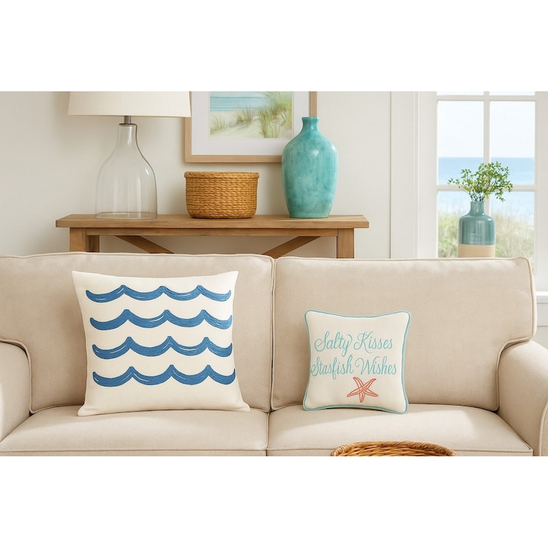 Salty Kisses & Starfish Wishes Embroidered Coastal Decorative Throw Pillow
