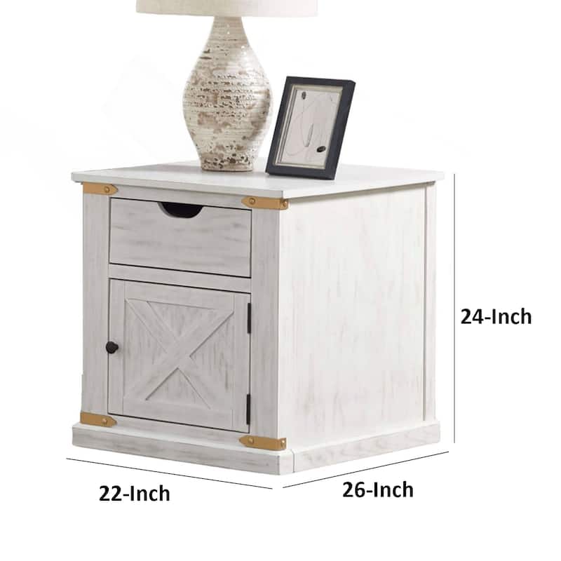 Becca Farmhouse End Table, Barn Door Storage, Gold, White 26 Inch