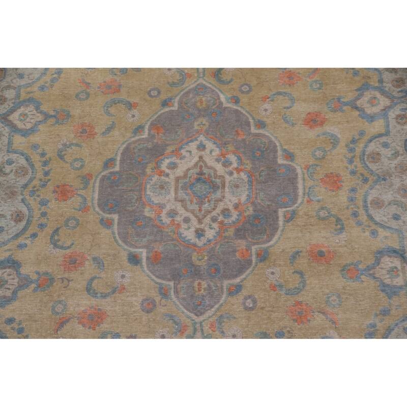Hand Knotted Oriental 100% Wool Carpet Traditional Medallion Yellow & Gold Tabriz Area Rug - 12' 11'' X 9' 6''