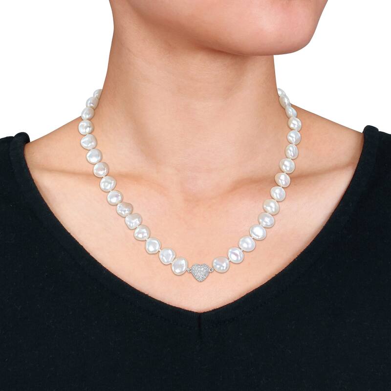 Miadora 11-12mm Cultured Freshwater Pearl Strand & Heart-Shape Cubic Zirconia Necklace - 18 in